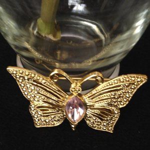 Gold Tone & Amethyst Stone Butterfly Brooch